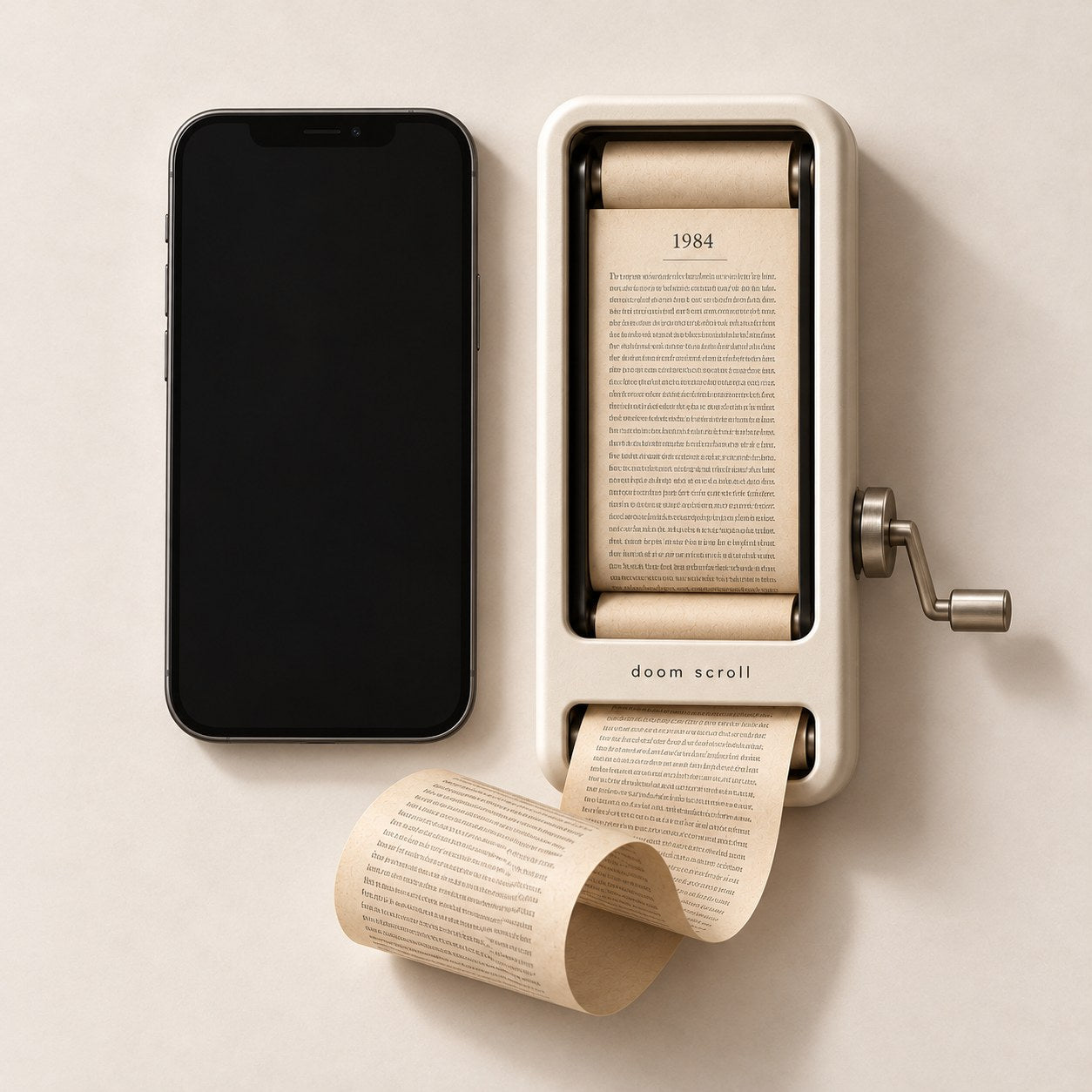concept render of the paper scroll reader beside a black phone