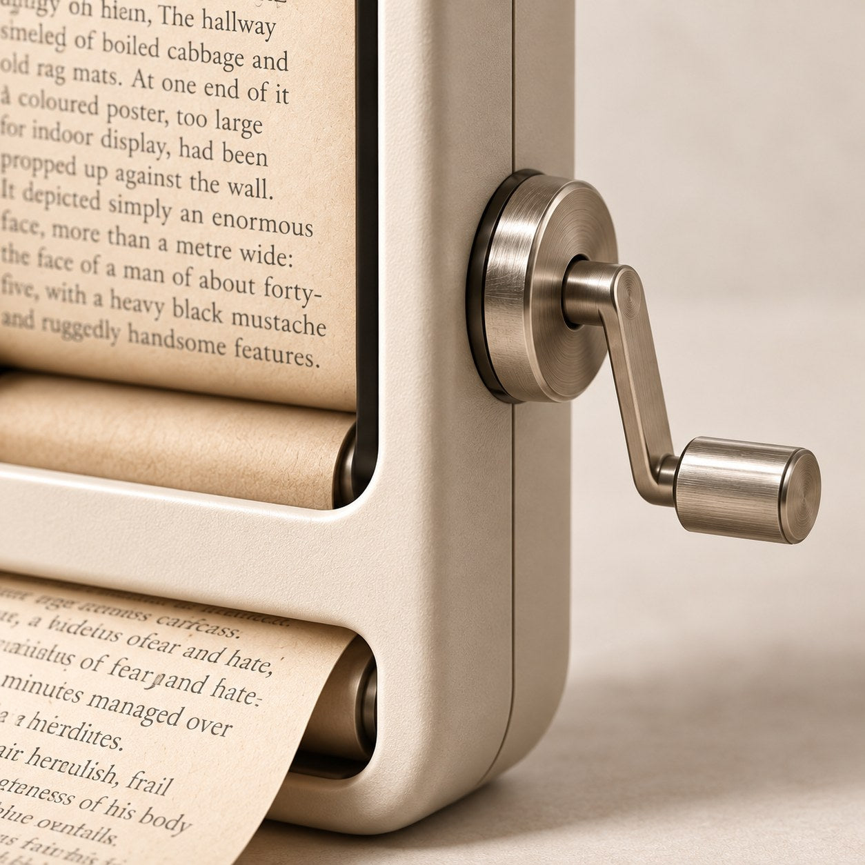 concept close-up of the metal crank on the paper scroll reader