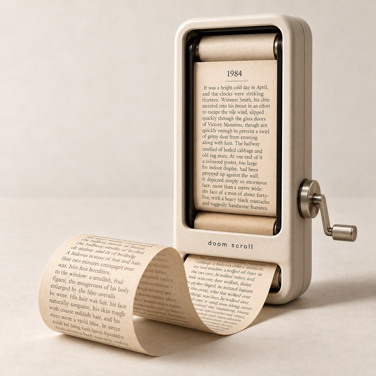 concept render of an ivory paper scroll reader with a small crank and a long paper tail